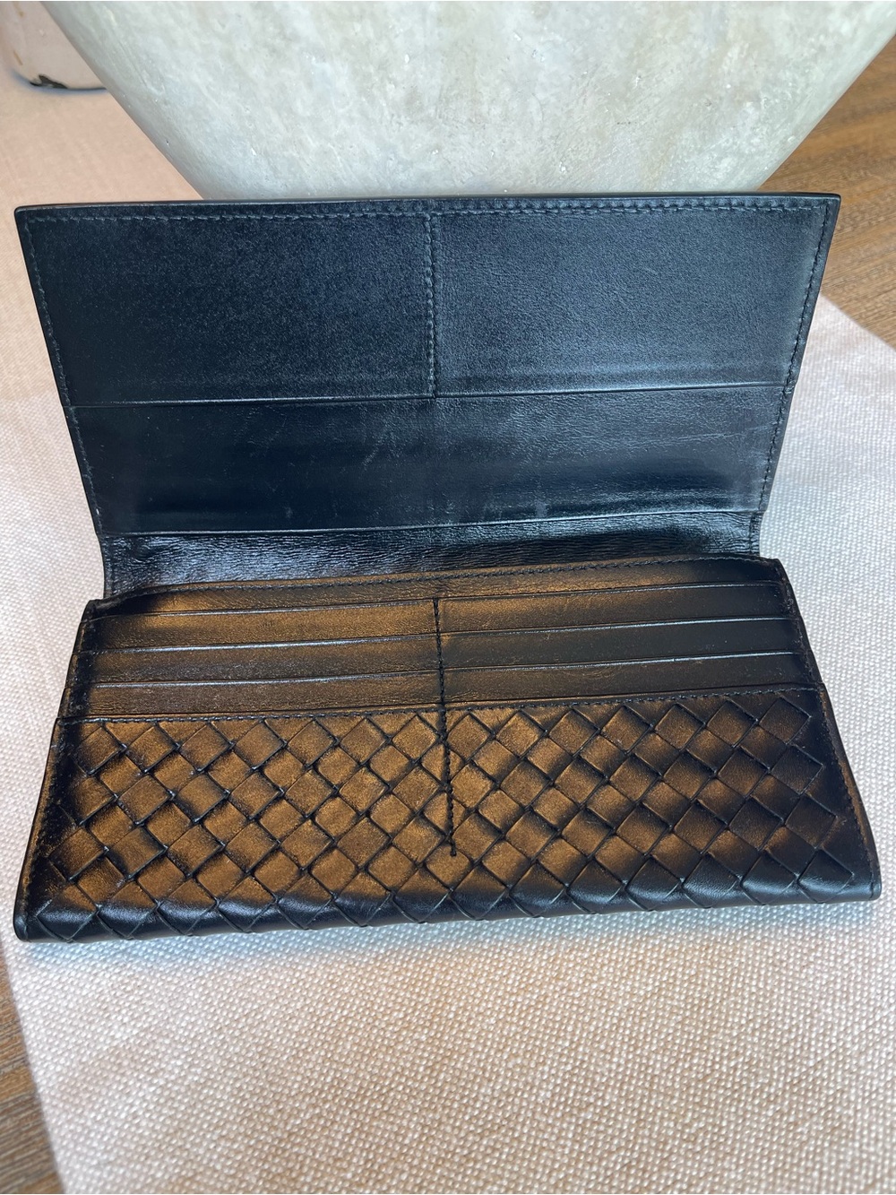 EUC BOTTEGA VENETA INTRECCIATO CONTINENTAL LAMBSKIN LEATHER WALLET BLACK ITALY - Picture 3 of 16
